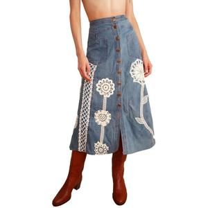 Vintage 70s denim midi skirt with cream crochet floral applique by Cleo